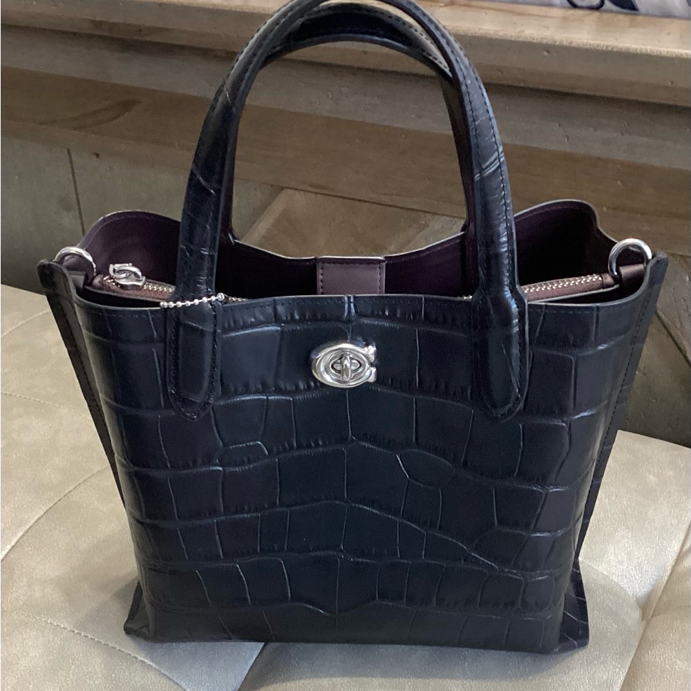 Coach Black Croc-Embossed Leather Tote with Plum Interior